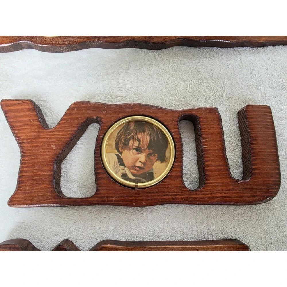 Vintage 70s We Love You Wood Wall Hanging Photo Frame Set 3 Piece Rustic Boho